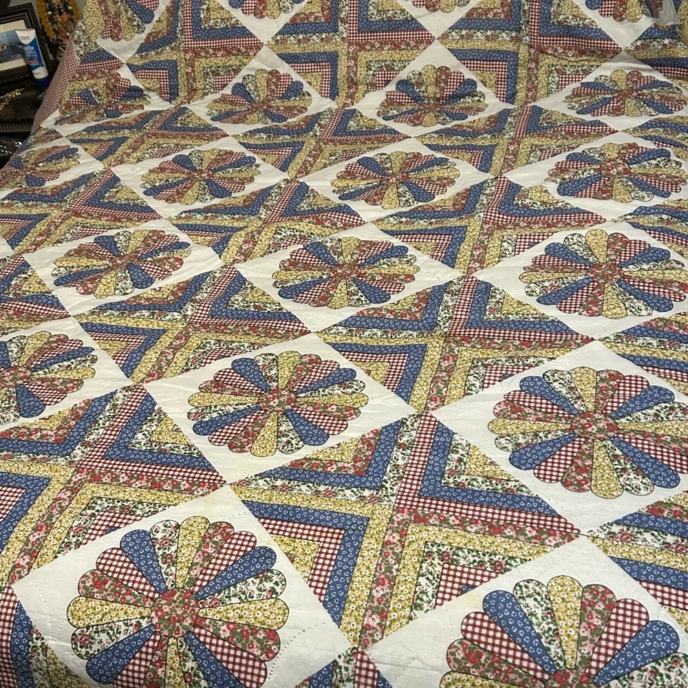 Vintage-Inspired Patchwork Quilt in Red, Blue, and Cream